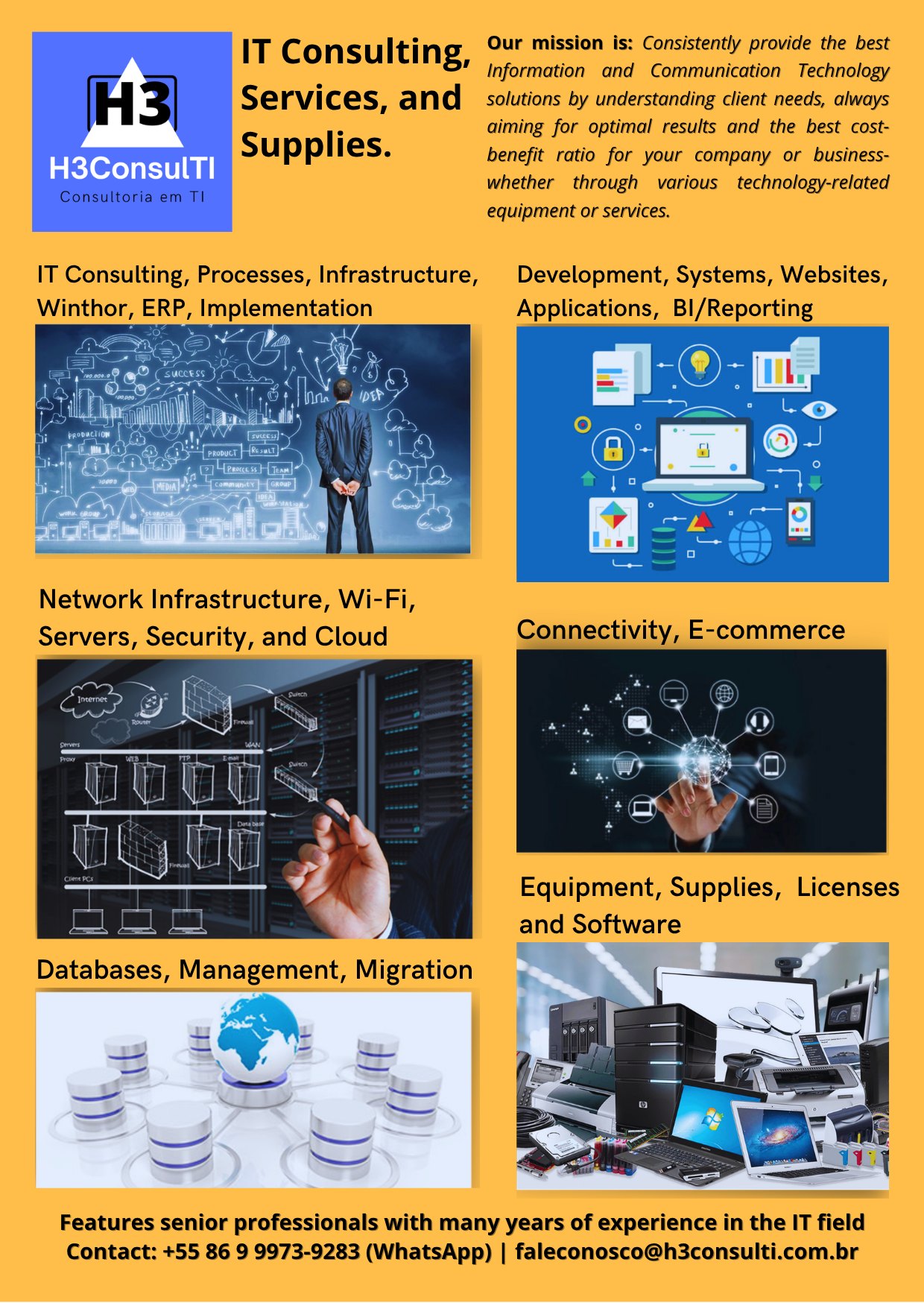 H3ConsulTI portfolio with the services: IT consulting and Winthor, development, infrastructure and cloud, connectivity and e-commerce, databases, equipment and licenses